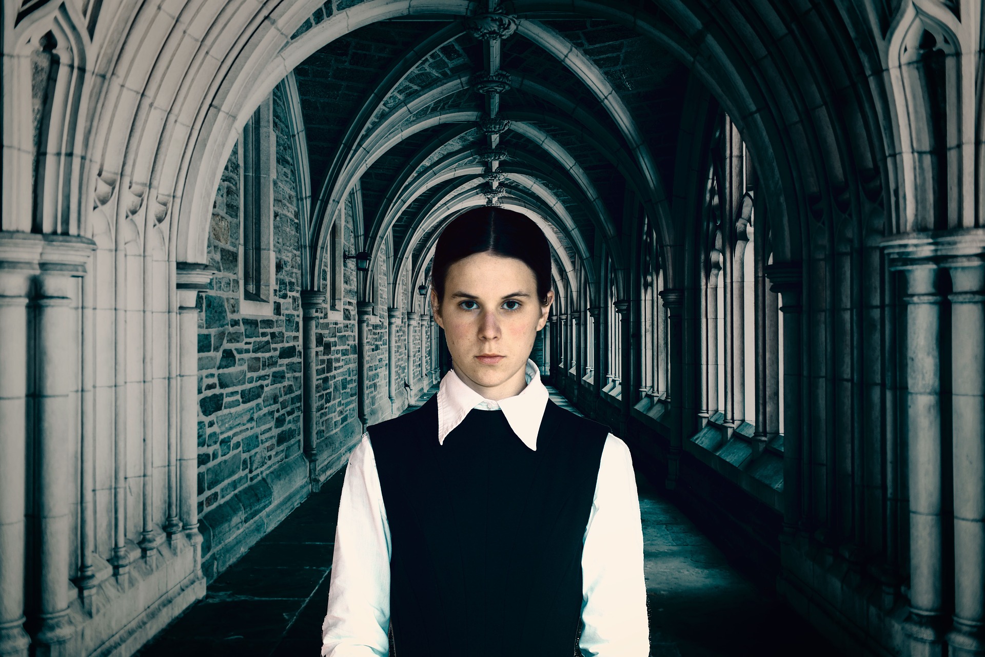 serious girl in cathedral